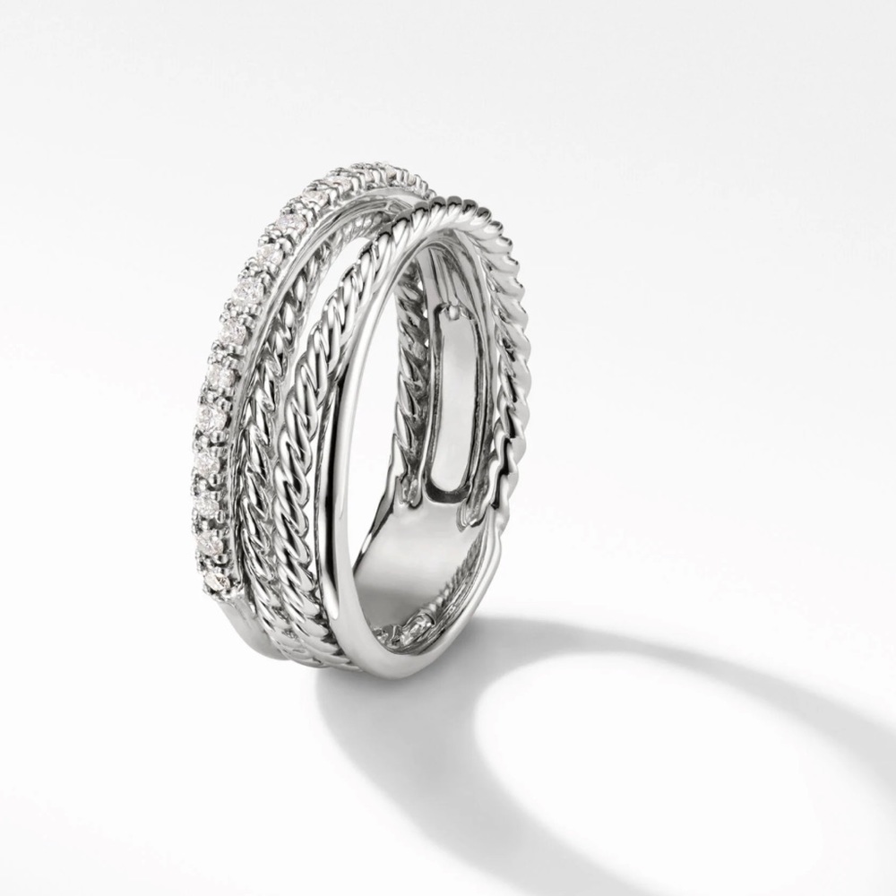 Crossover Band Ring in Sterling Silver with Pavé Diamonds